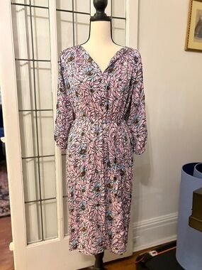Tucker Pink Floral V-Neck Midi Dress with Blue Accents
